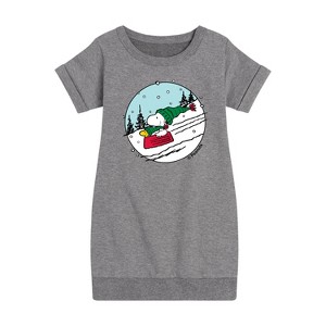 - Peanuts - Snoopy Woodstock Sled Graphic Short Sleeve Fleece Dress - 1 of 4