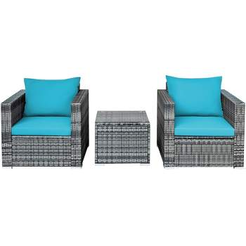 Tangkula 3PCS Rattan Patio Conversation Furniture Set Outdoor Yard w/ Turquoise Cushion