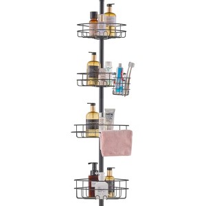 VEVOR Shower Corner Caddy Tension Pole, 42" to 114" High, Multi-Functional Shower Tension Pole with Strong Load-Bearing Tray, Black - 1 of 4