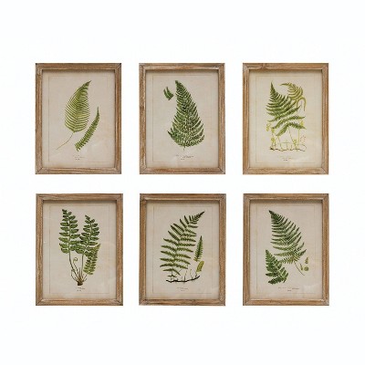 Storied Home (Set of 6) Wood Framed Wall Art Set Portrait with Fern Fronds: Modern Fir Botanical Paintings, Sawtooth Back Mount