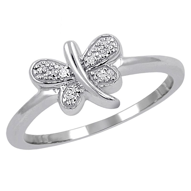 Women's Sterling Silver Accent Round-Cut White Diamond Pave Set Butterfly Ring - White, 1 of 3