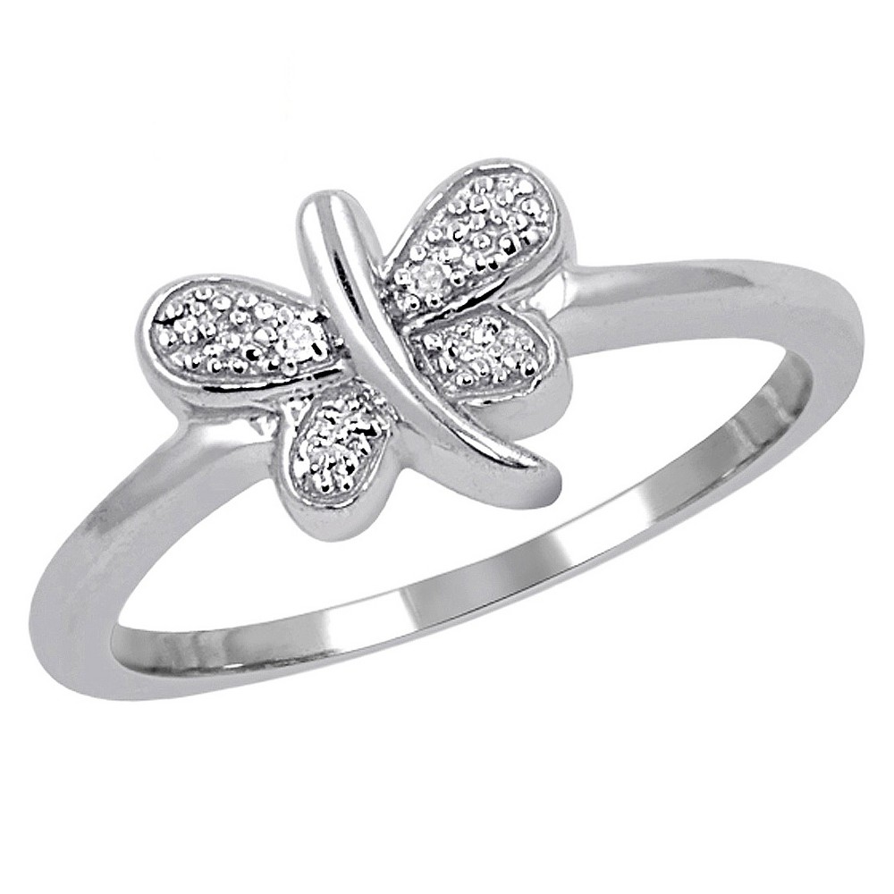Photos - Ring Women's Sterling Silver Accent Round-Cut White Diamond Pave Set Butterfly