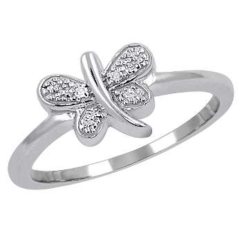 Women's Sterling Silver Accent Round-Cut White Diamond Pave Set Butterfly Ring - White