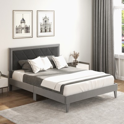 Infans Queen Size Bed Frame Upholstered Platform Velvet Headboard Wooden Slats Gray