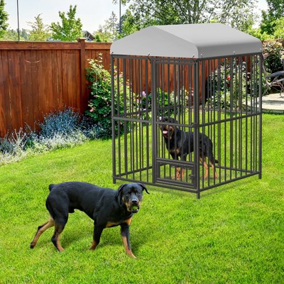 Outdoor Metal Dog Kennel with Roof – Secure Pet Cage w/ Safety Lock & Rotating Feeder