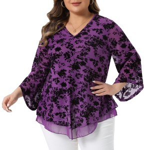 Agnes Orinda Women's Plus Size V Neck 3/4 Flared Sleeve Double Layers Mesh Blouses - 1 of 4
