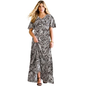 Roaman's Petite Plus Size Hand Crinkled Flutter-Sleeve Maxi Dress - 26/28, Black Paisley Graphic