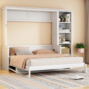 TIRAMISUBEST Full/Queen Size Murphy Bed with Front Desk, Wall Bed Folding Bed Frame with 5-Tier Side Bookshelf - 1 of 4