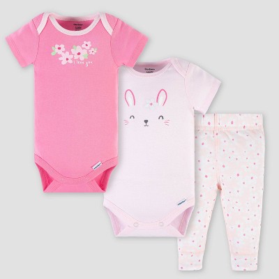 Image of Gerber Baby 3pc Bunny Top and Bottom Set - Pink 3-6M