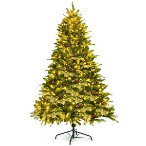 Costway 6.5Ft Pre-lit Snow Flocked Hinged Artificial Christmas Spruce Tree w/ 450 Lights - 1 of 4