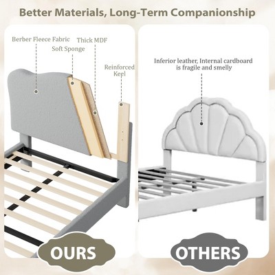 Upholstered Bed Frame for Kids - with Adjustable Chic Scallop Headboard, Cute Velvet Princess Platform Bed for Girls/Kids, Solid Wood Slats Support