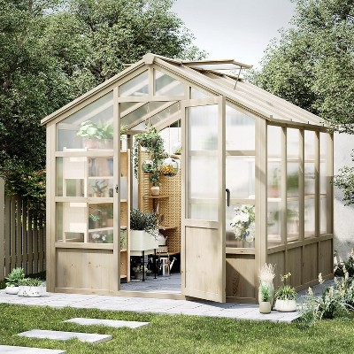 Wooden Greenhouse,Greenhouses for Outdoors with Lockable Door, Wood Frame & Adjustable Vent,Heavy Duty Greenhouse with Polycarbonate Panel,8x8ft