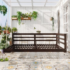 Twin Size Outdoor Acacia Wood Porch Swing Daybed with Hemp Ropes, Minimalist Open-Side Hanging Bed - 1 of 4