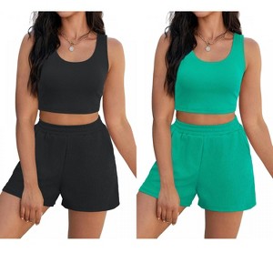 ATHLECHIC Women's Ribbed Knit Crop Tank Tops Short Sets with Pockets Travel Outfits 2 Pcs - 1 of 4