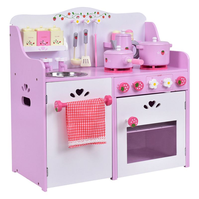 Costway Kids Wooden Play Set Kitchen Toy Strawberry Pretend Cooking Playset Toddler, 1 of 11