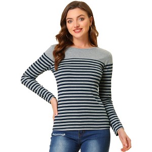 INSPIRE CHIC Women's Color Block Round Neck Long Sleeves Striped Basic T-Shirt - 1 of 4
