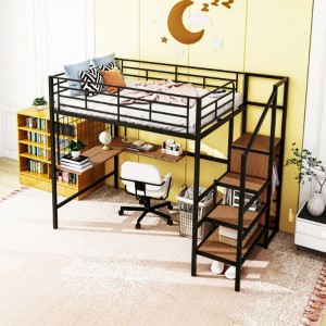 Full Size Metal Loft Bed with Desk and Metal Grid, Stylish Metal Frame Bed with Lateral Storage Ladder and Wardrobe, Black - 1 of 4