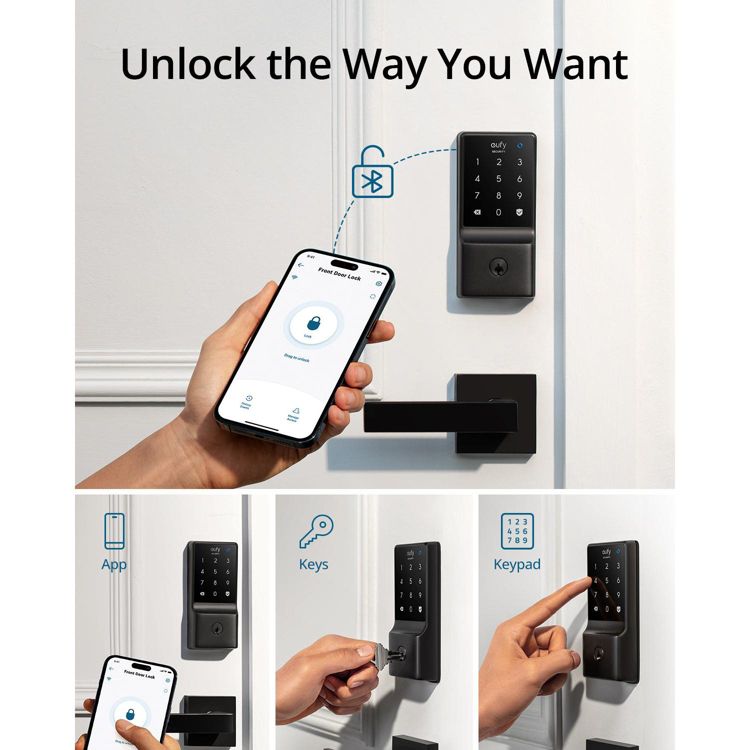A smart lock system is shown with options to unlock via app, keys, or keypad, with a hand holding a smartphone displaying a lock interface.