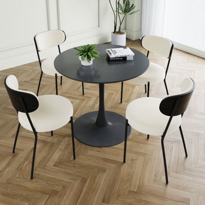 CAVINAS Modern Minimalist Dining Chair with Upholstery Seat and Backrest,Teddy Velvet Chairs for Living Room,Black Round Table Set,Set of 3/5,Black