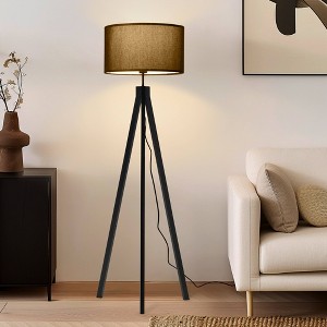 Brightech Eden Mid-Century Dimmable (Includes LED Light Bulb) Tripod Floor Lamp Polished Black Wood - 1 of 4