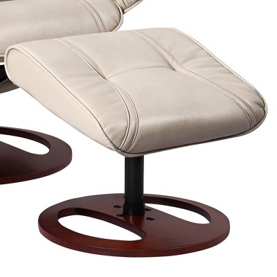 Taupe Bonded Leather Swivel Recliner with Walnut Base and Ottoman
