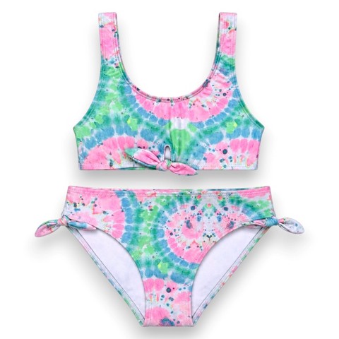 XOXO Little Girls' 2-Piece Keyhole & Knot Details Bikini Swim Set, Multi/Tie-Dye Print, 4