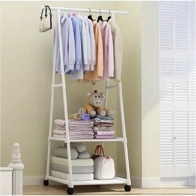 Stainless Steel Rolling Garment Rack with 2-Tier Shelves and 2 Hooks, Portable Metal and Plastic Clothes Organizer w/ Wheels