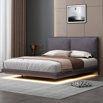 Queen Size Upholstered Platform Bed with Sensor Light and 2 Large Backrests