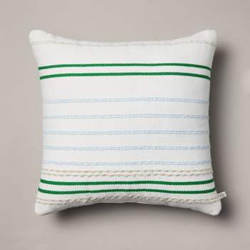 18"x18" Multi-Textured Stripe Indoor/Outdoor Square Throw Pillow Cream/Light Blue/Green - Hearth & Hand™ with Magnolia