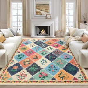Washable Modern Floral Rug - Non-Slip Lightweight Thin Carpet, Non-Shedding Soft Low Pile Floor Cover for Bedroom Living Room - 1 of 4
