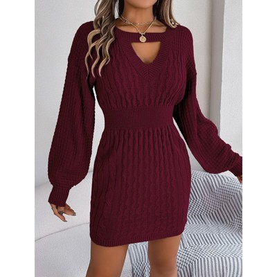 Womens Sweater Dress Cable Knit Lantern Long Sleeve Bodycon Sweater Dress