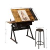 Gulches Adjustable Drawing Drafting Table with 2 Drawers Stool 0 75 Degree Tilt 69 91cm Height Home Office School Desk Brown - 3 of 4