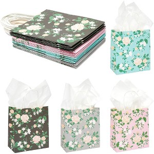 Sparkle and Bash 12-Pack Floral Small Kraft Gift Bags with Handles & 20 Tissue Paper (4 Colors, 8 x 9 x 4 in) - 1 of 4