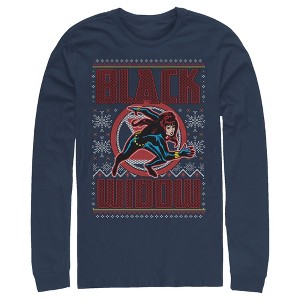 Men's Marvel Ugly Christmas Black Widow Snow Long Sleeve Shirt - 1 of 3