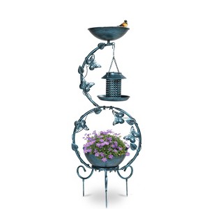 phiestina 37.8 inch Bird Bath and Solar Bird Feeders Combo, Flower Planter Pedestal, Weather Resistant, Antique Blue - 1 of 4