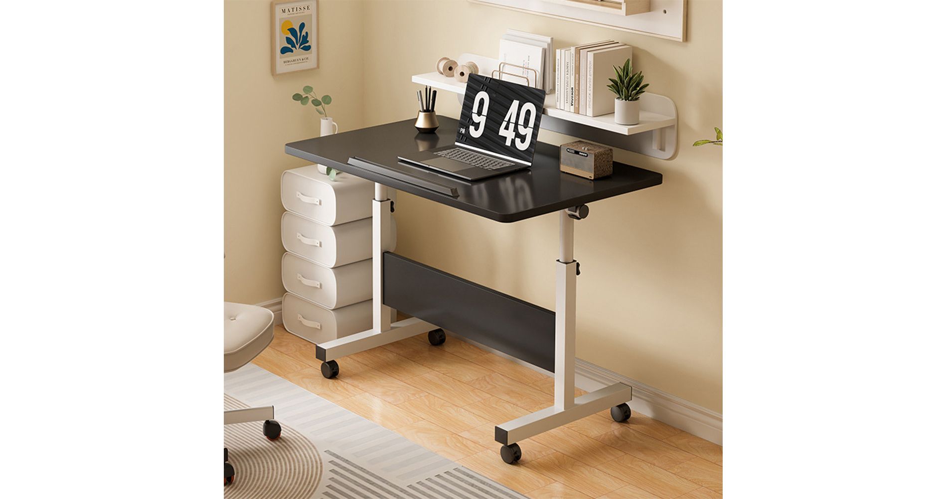 Adjustable Height Standing Desk on Wheels, Foldable Mobile Rolling Laptop Stand Portable Computer Workstations for Small Spaces Home Offices