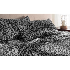 Luxury Satin 100% Polyester Woven Printed Sheet Set California King Snow Leopard
