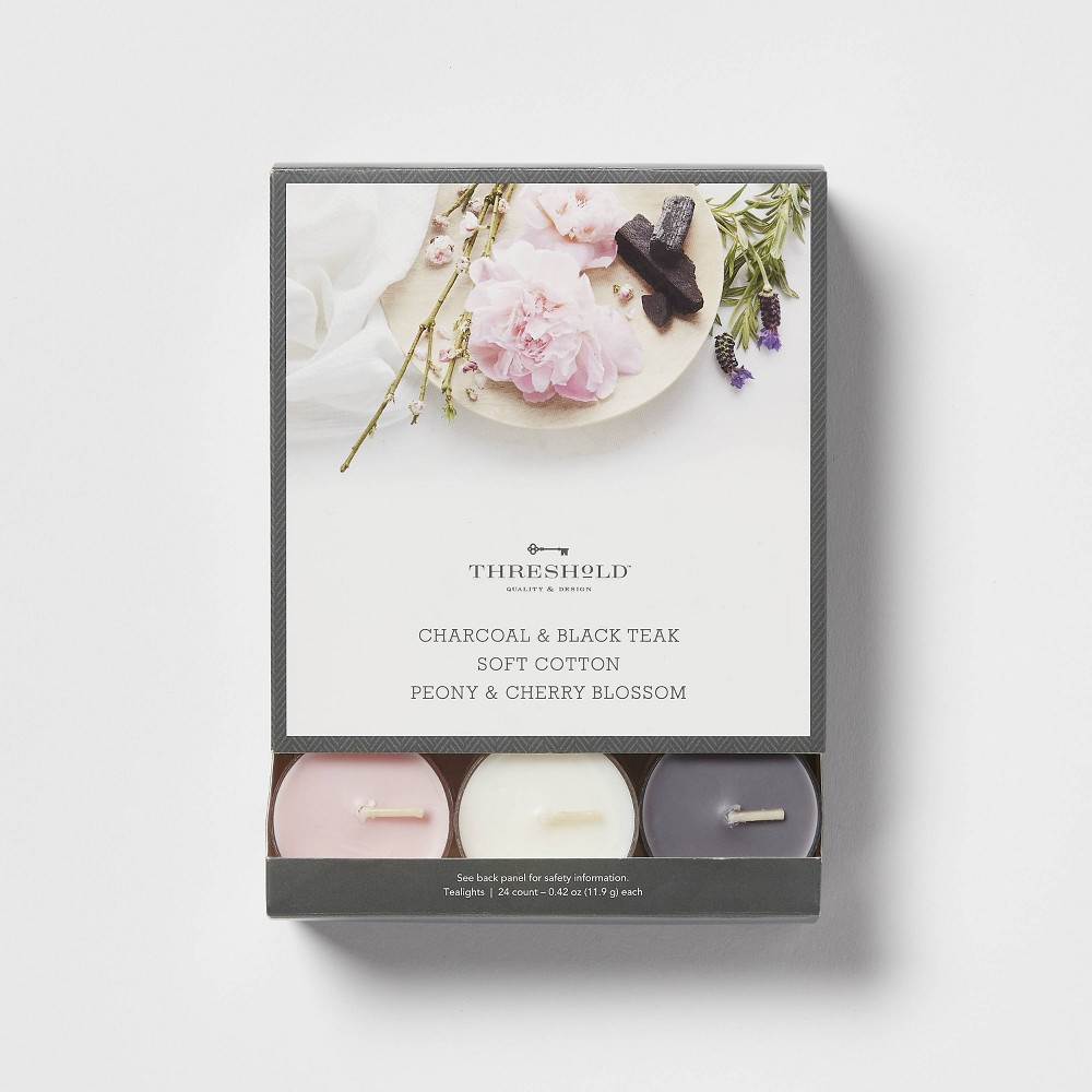 24pk Tealight Charcoal Black Teak with Soft Cotton Peony and Cherry Blossom Candles - Threshold™: Palm Wax Blend, 4hr Burn Time