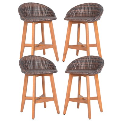 Costway Outdoor Faux Rattan Bar Chairs Set of 2/4 Solid Acacia Wood Bar Stools for Porch Brown/Gray
