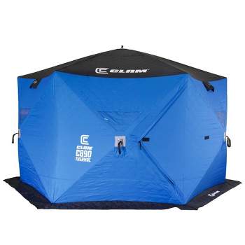 Clam 17485 Portable 6 Person 9 Foot Jason Mitchell X5000 Pop Up Ice Fishing  Angler Thermal Hub Shelter Tent With Anchor Straps And Carrying Bag : Target