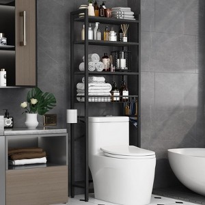 Aoibox Over The Toilet Storage Rack 4 Tier Adjustable Shelf Basket Hooks Space Saver Freestanding Black Bathroom Organizer - 1 of 4