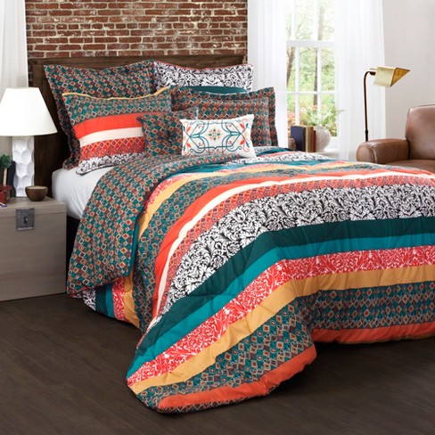 King 7pc Boho Stripe Comforter Set Turquoise Tangerine Lush Decor Target