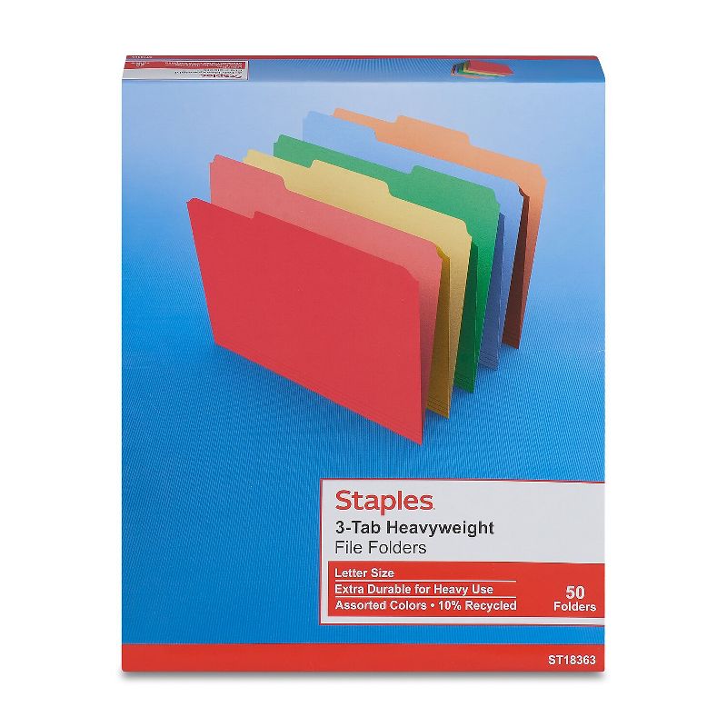 Staples Heavyweight File Folders 1/3-Cut Tab Letter Size Assorted Colors 50/Box (ST18363-CC) 810351, 4 of 10