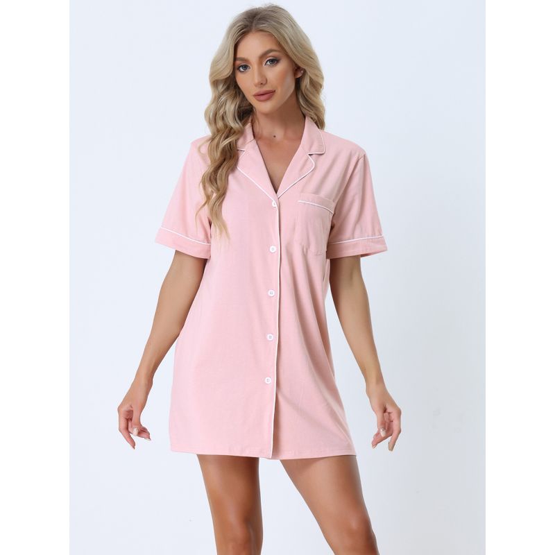 cheibear Women's Notched Collar Button Down Pajama Shirt Dress, 2 of 6