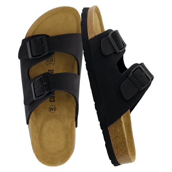 Sandalias CUSHIONAIRE Lane con plantilla de corcho para mujer – sandalias cómodas con doble hebilla y plantilla de gamuza genuina con soporte de arco, slides para calzado de mujer
