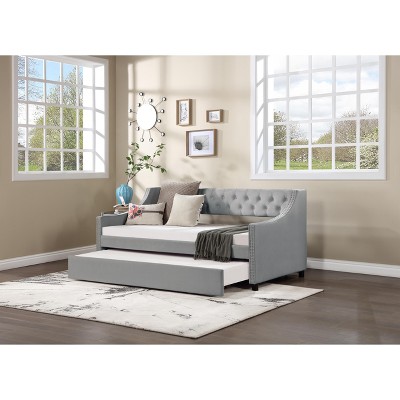 LOVMOR Twin Size Daybed with Trundle, Upholstered Wood Bed Frame Furniture with Tufted Button & Copper Nail on Arms, Light Gray