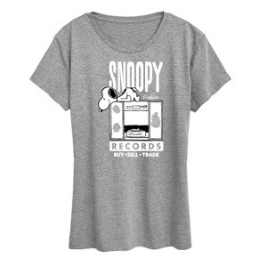 Women's - Peanuts - Snoopy Records Buy Sell Trade Short Sleeve Graphic T-Shirt - 1 of 4