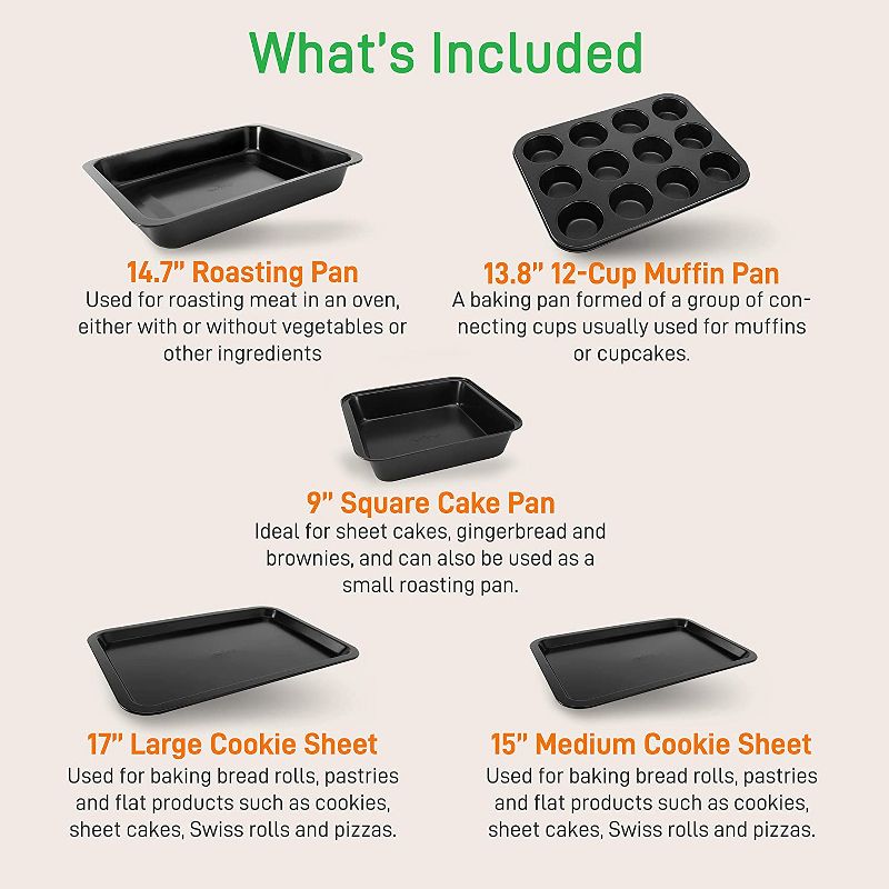 NutriChef Deluxe Nonstick Carbon Steel Stackable 10 Piece Kitchen Oven Bakeware Set with Roasting Pan, Cake Pan, and More, Gray, 2 of 6