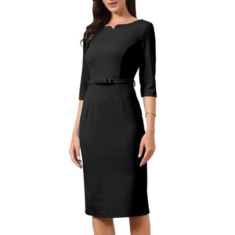 Женские платья INSPIRE CHIC Women's 3/4 Sleeve Boat Split Neck Elegant Belted Casual Sheath Midi Dresses Medium Black