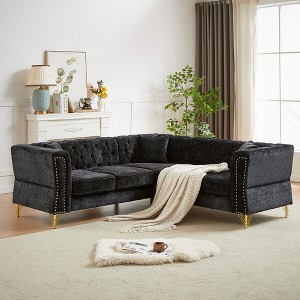 81.5" Chenille Classic Chesterfield L-Shaped Corner Sectional Sofa, 5-Seater Couch with Nailhead Trim, Tufted Cushions - 1 of 4